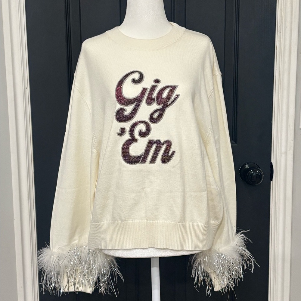 Queen of Sparkle Cream Texas A&M Sweater with Maroon Text and Feather Cuffs